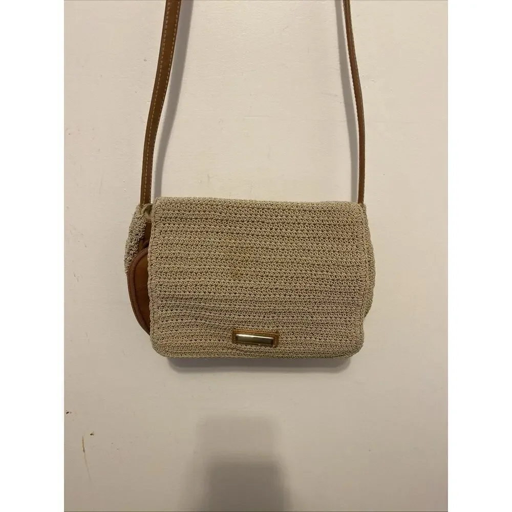 Women Y2K Crocheted BeigeBrown Shoulder HandBag CrossbodyPurse Woven FauxLeather